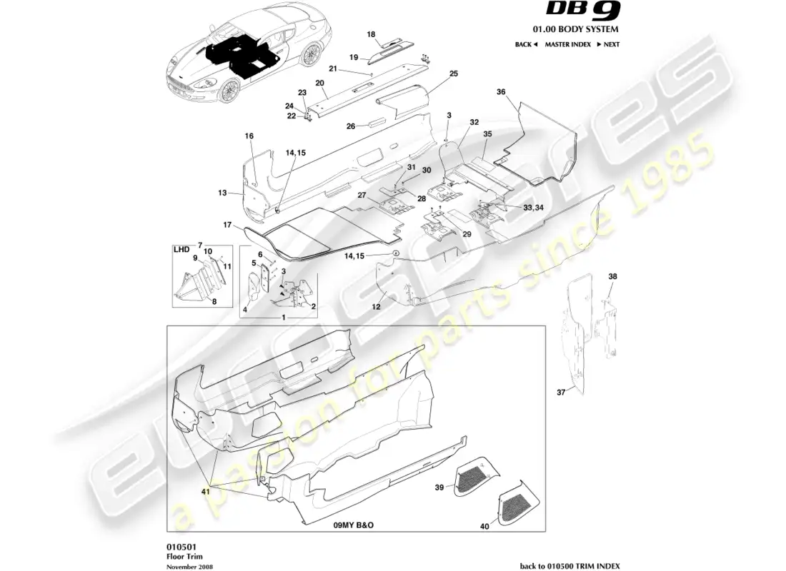 aston martin db9 (2004) recorte del piso diagrama de piezas