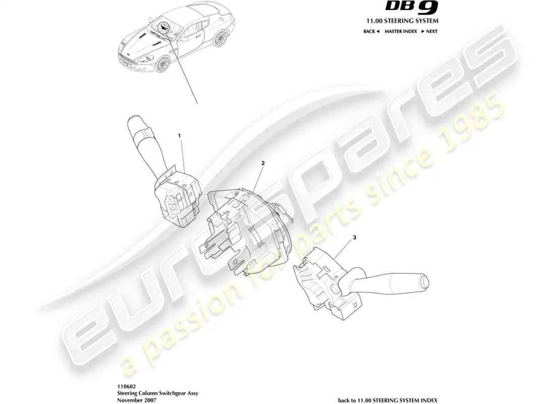 aston martin db9 (2012) interruptor de la columna de dirección diagrama de piezas