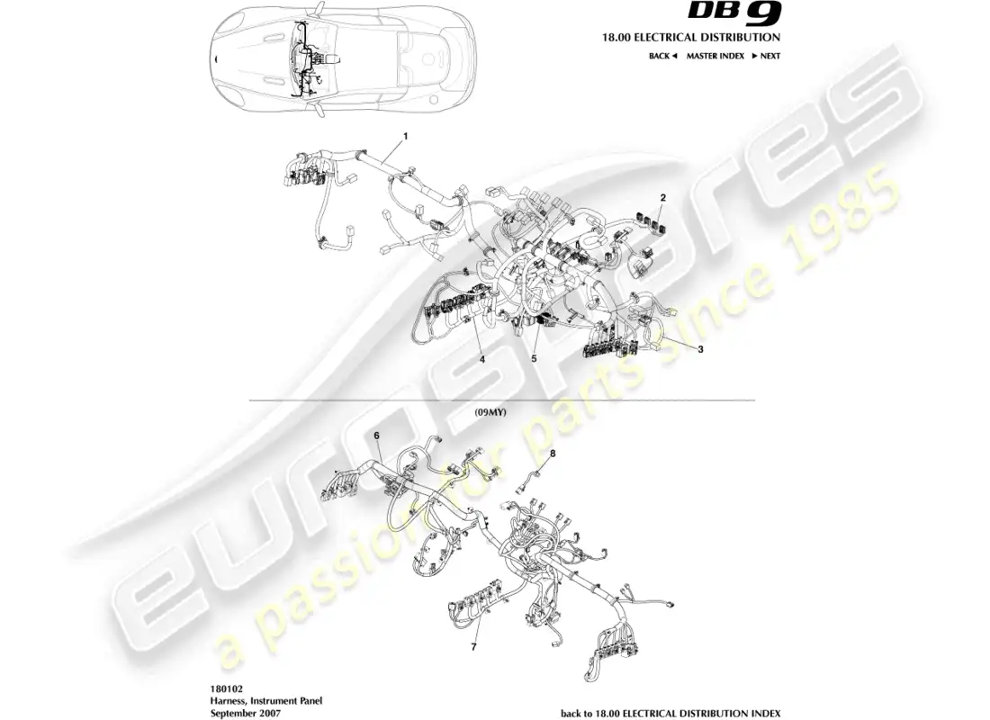 aston martin db9 (2004) arnés ip diagrama de piezas