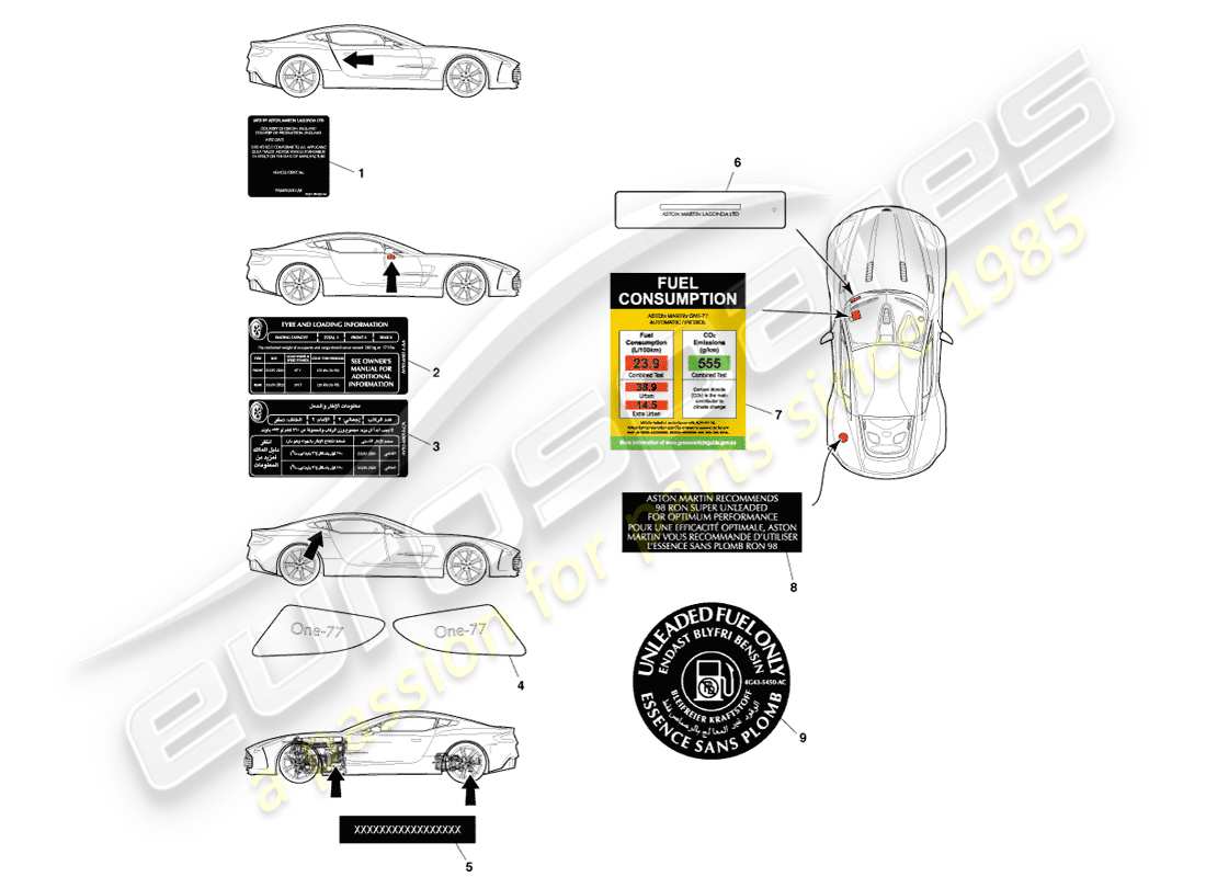 aston martin one-77 (2011) etiquetas exteriores diagrama de piezas