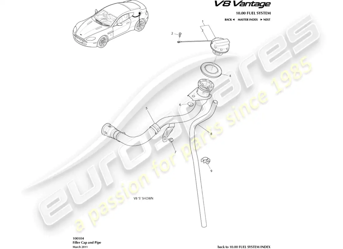 aston martin v8 vantage (2008) diagrama de piezas de la tubería y la tapa de llenado de combustible