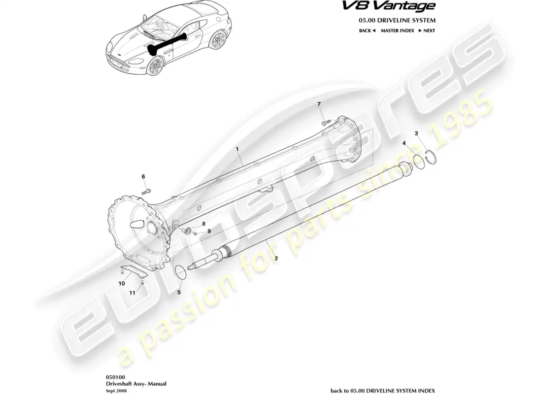 aston martin v8 vantage (2008) diagrama de piezas del conjunto del eje de transmisión