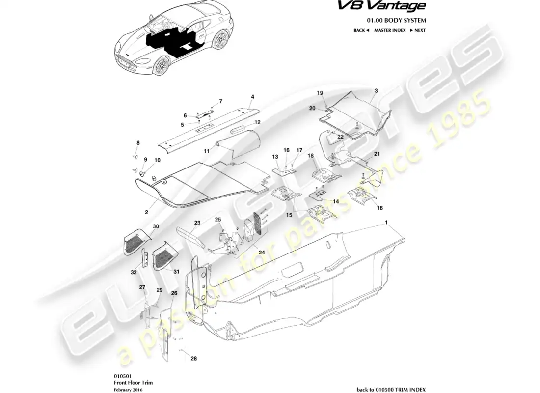 aston martin v8 vantage (2008) diagrama de piezas de molduras de piso