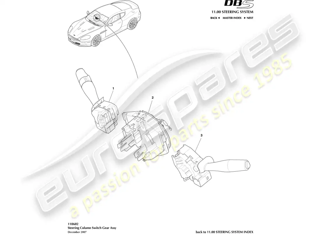aston martin dbs (2011) interruptor de la columna de dirección diagrama de piezas