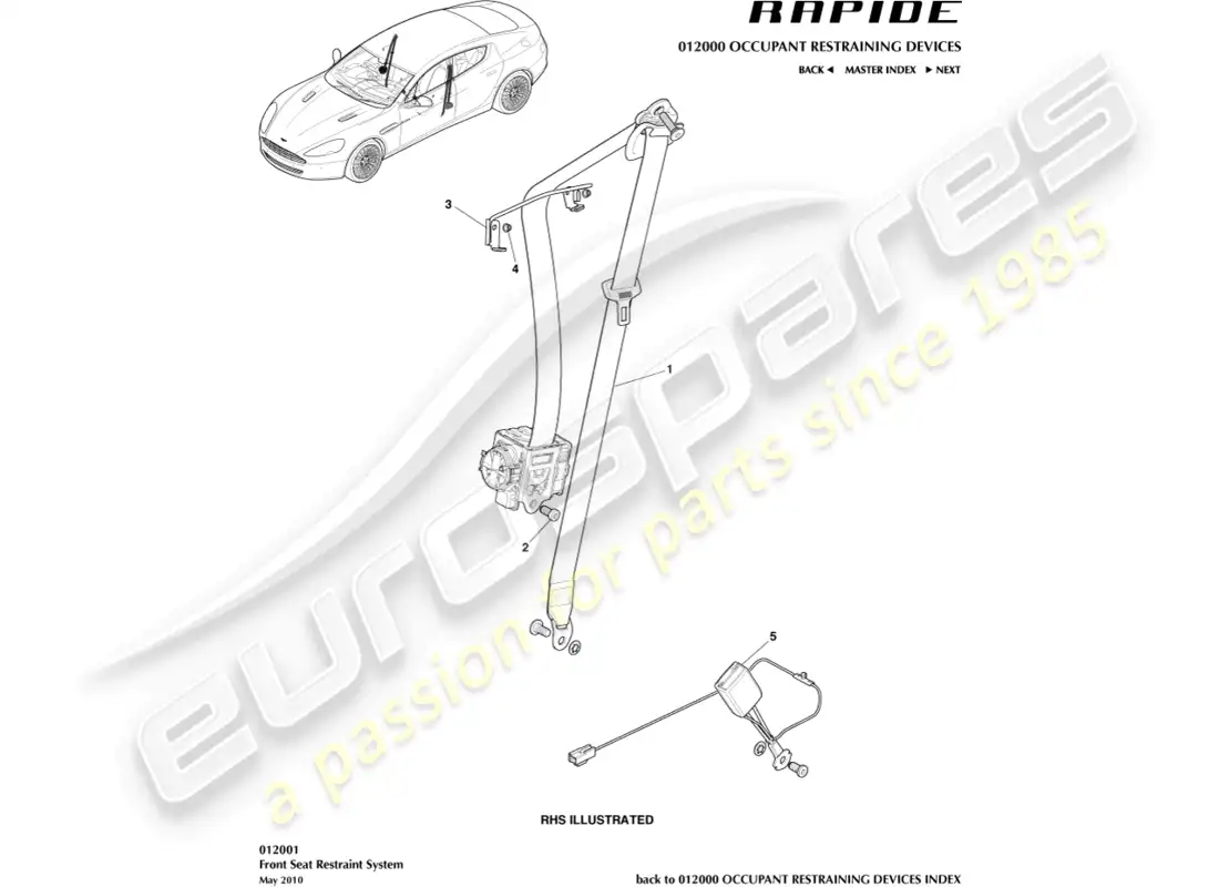 aston martin rapide (2013) cinturones de seguridad delanteros diagrama de piezas