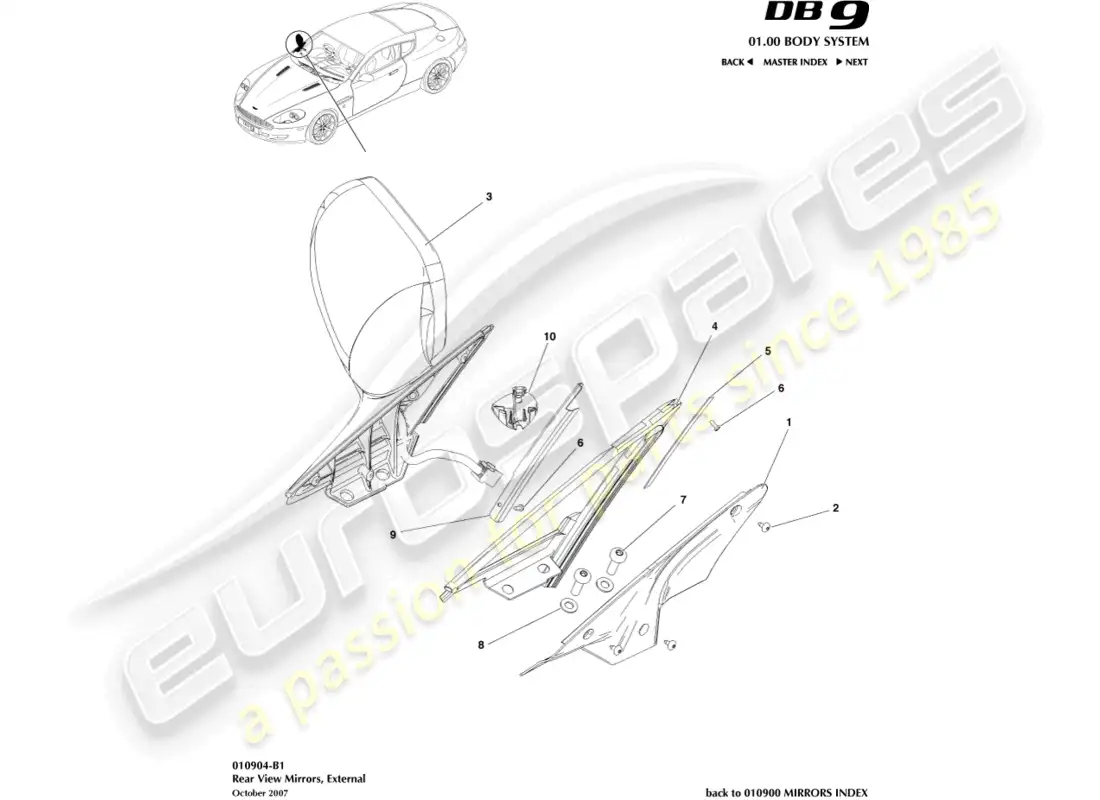 aston martin db9 (2012) espejos retrovisores exteriores diagrama de piezas