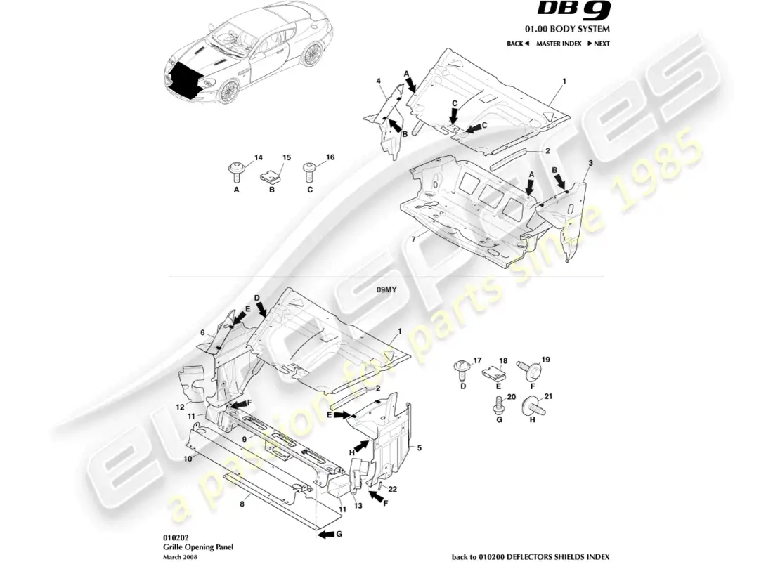 aston martin db9 (2009) panel de apertura de rejilla diagrama de piezas