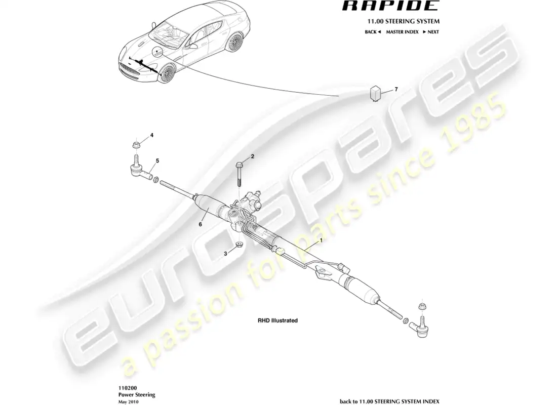 aston martin rapide (2010) cremallera de dirección diagrama de piezas