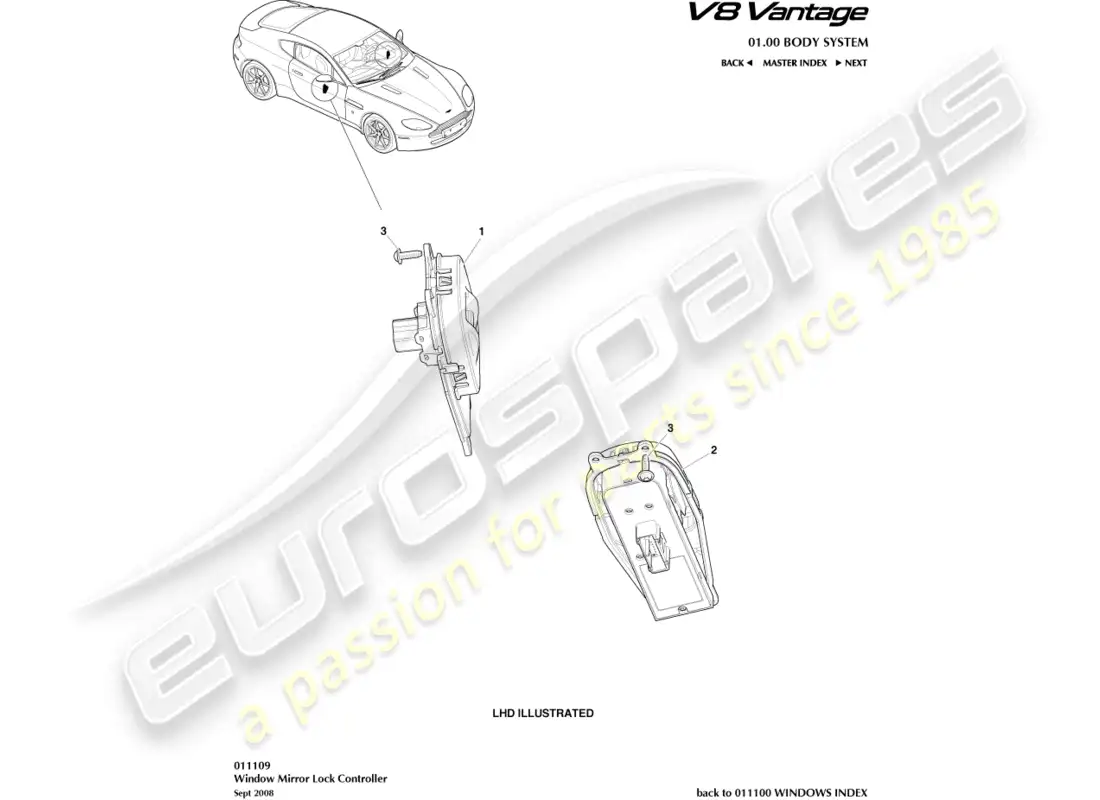 aston martin v8 vantage (2008) diagrama de piezas del controlador de bloqueo de ventana/espejo