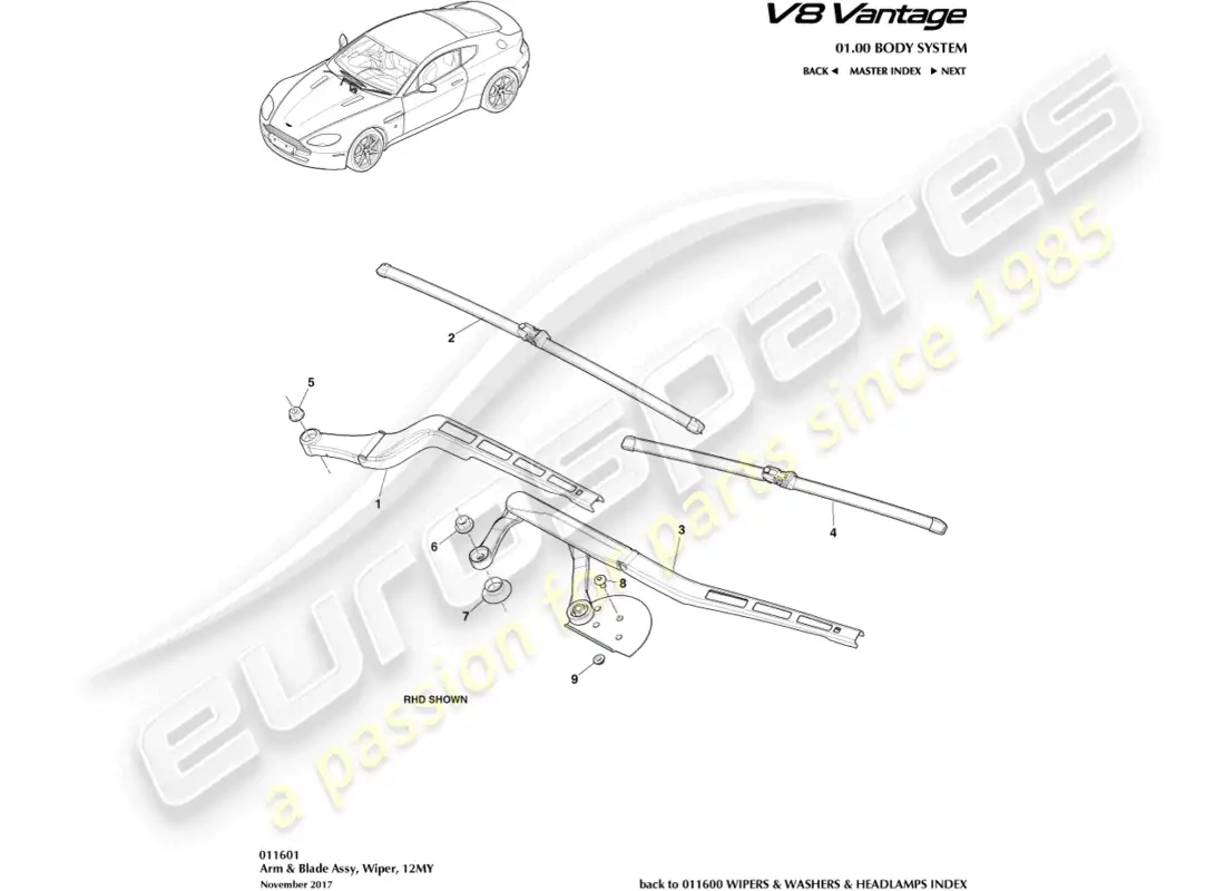 aston martin v8 vantage (2008) conjunto de escobilla de limpiaparabrisas, 12my diagrama de piezas