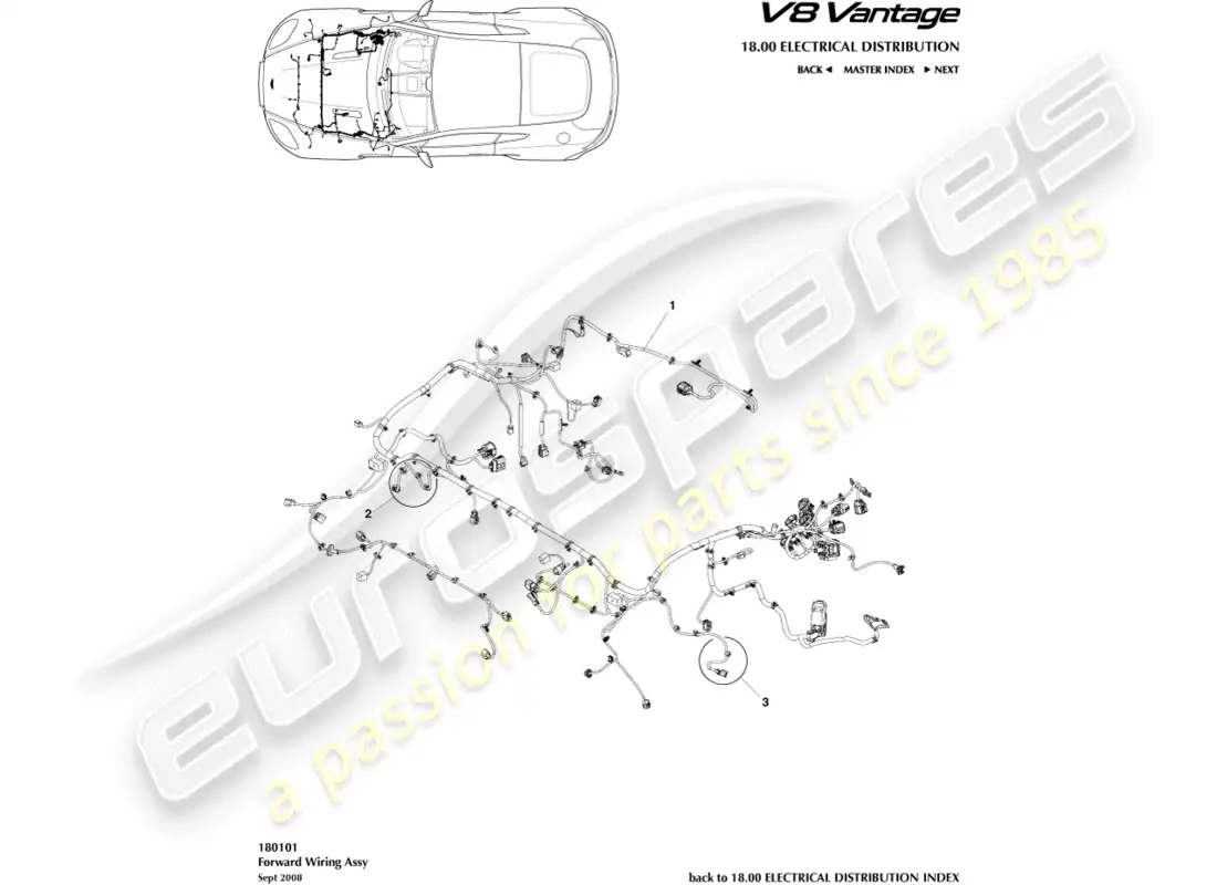 aston martin v8 vantage (2008) diagrama de piezas del arnés del compartimento del motor