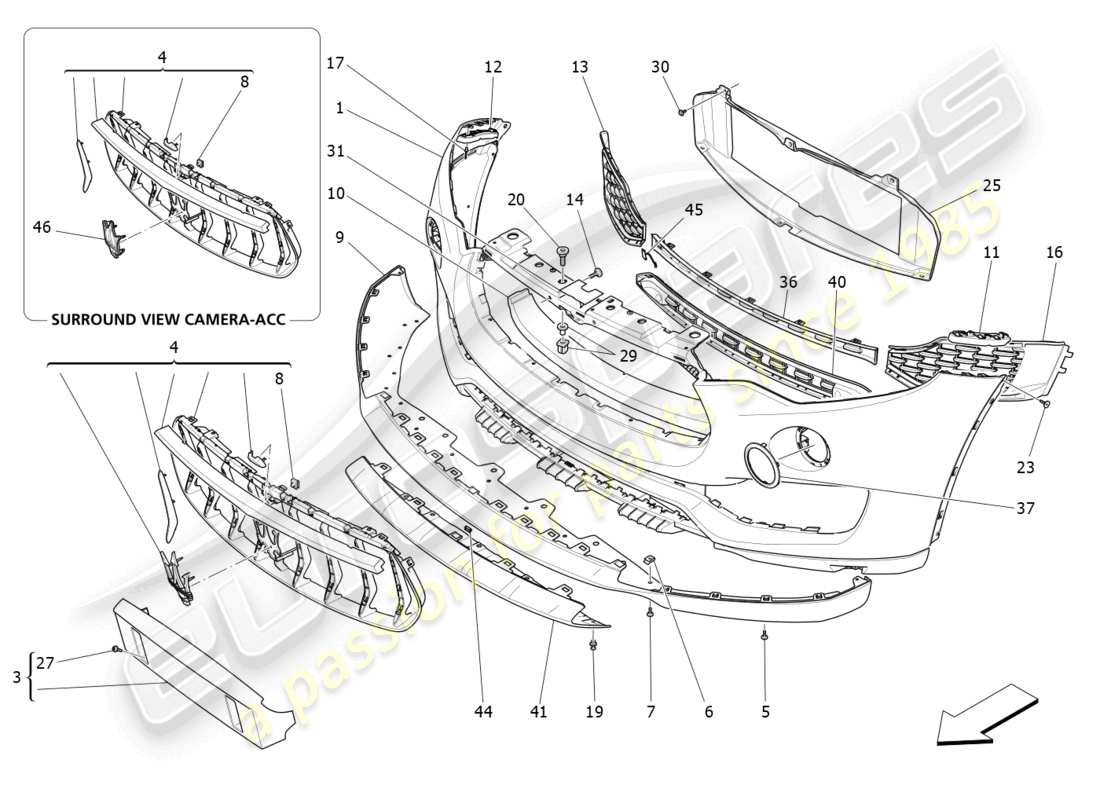 maserati levante (2018) diagrama de piezas del parachoques delantero