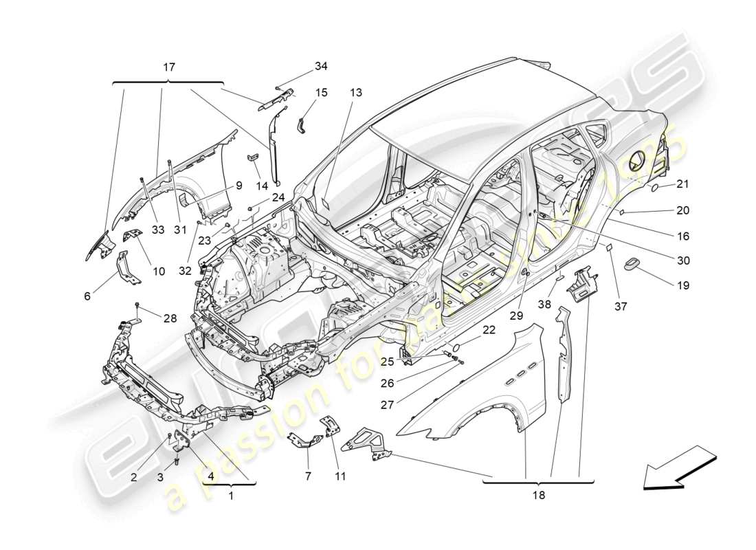 maserati levante (2018) diagrama de piezas de la carrocería y los paneles exteriores delanteros