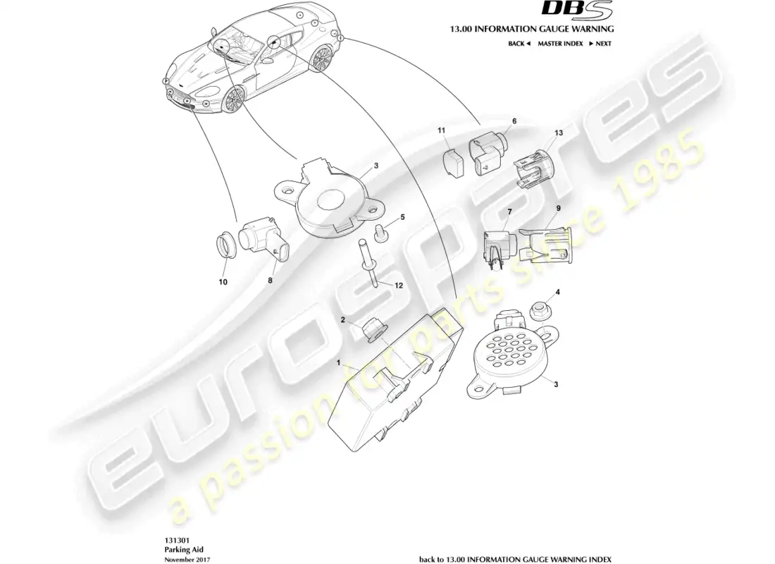 aston martin dbs (2012) parking aid sensors diagrama de piezas