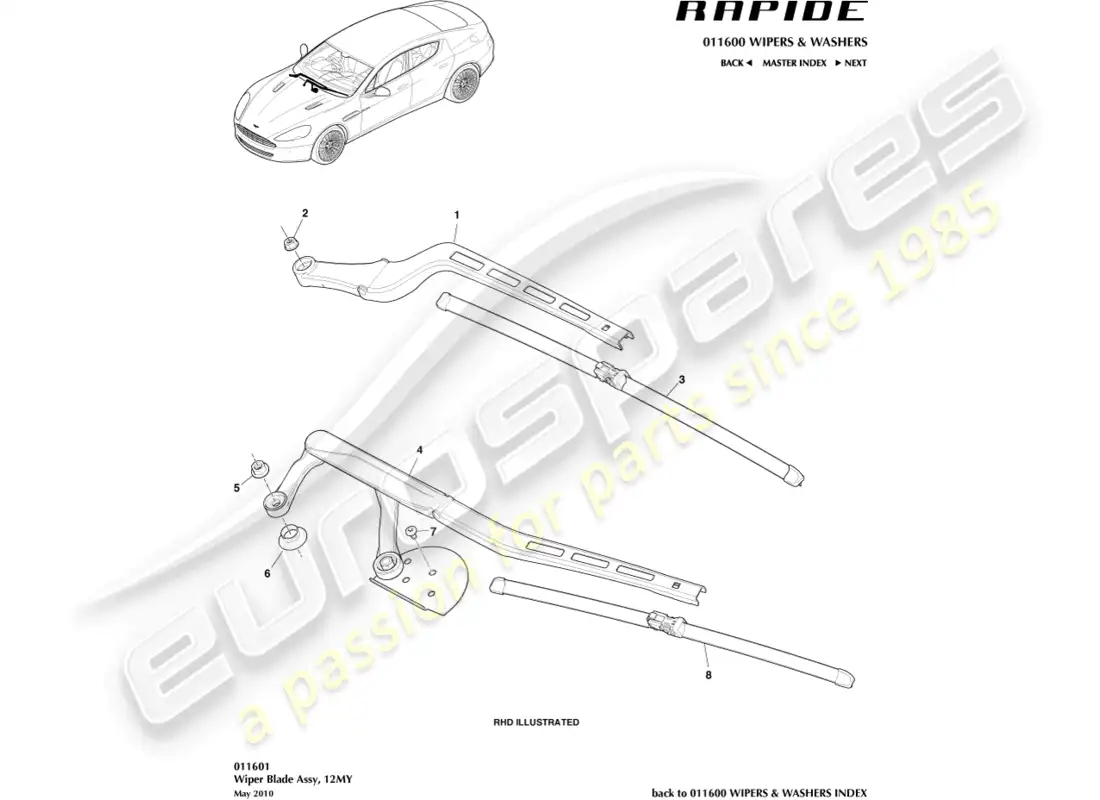 aston martin rapide (2011) wiper blade assembly, 12my diagrama de piezas