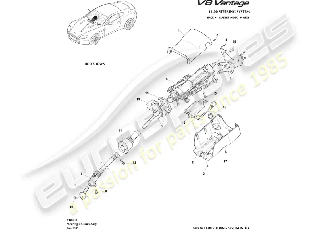 aston martin v8 vantage (2008) diagrama de piezas del conjunto de la columna de dirección