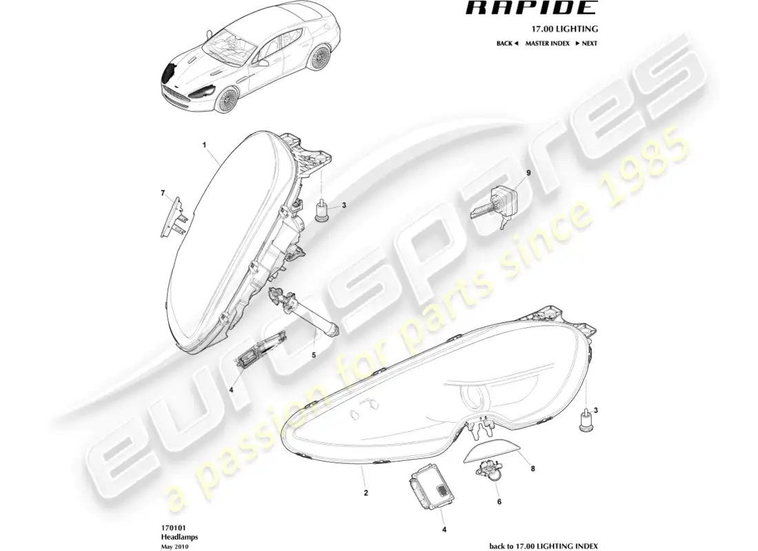 aston martin rapide (2013) faros diagrama de piezas