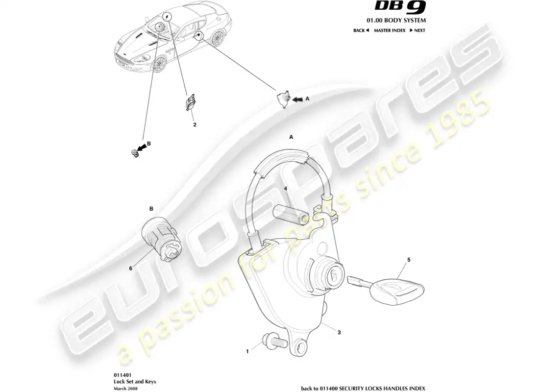 aston martin db9 (2011) diagrama de piezas del juego de cerraduras y llaves