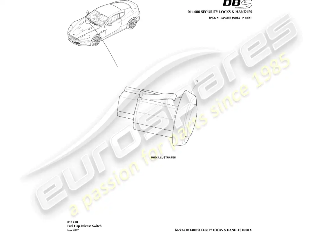 aston martin dbs (2007) fuel filler release switch diagrama de piezas