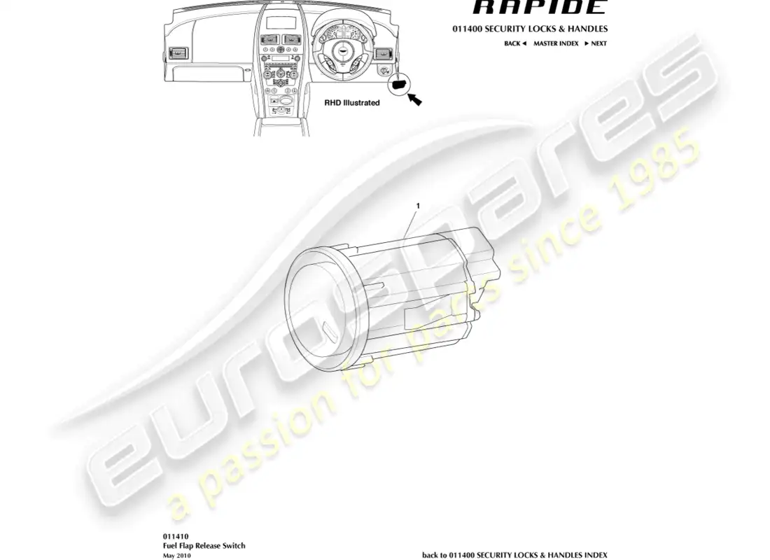 aston martin rapide (2011) fuel filler release switch diagrama de piezas