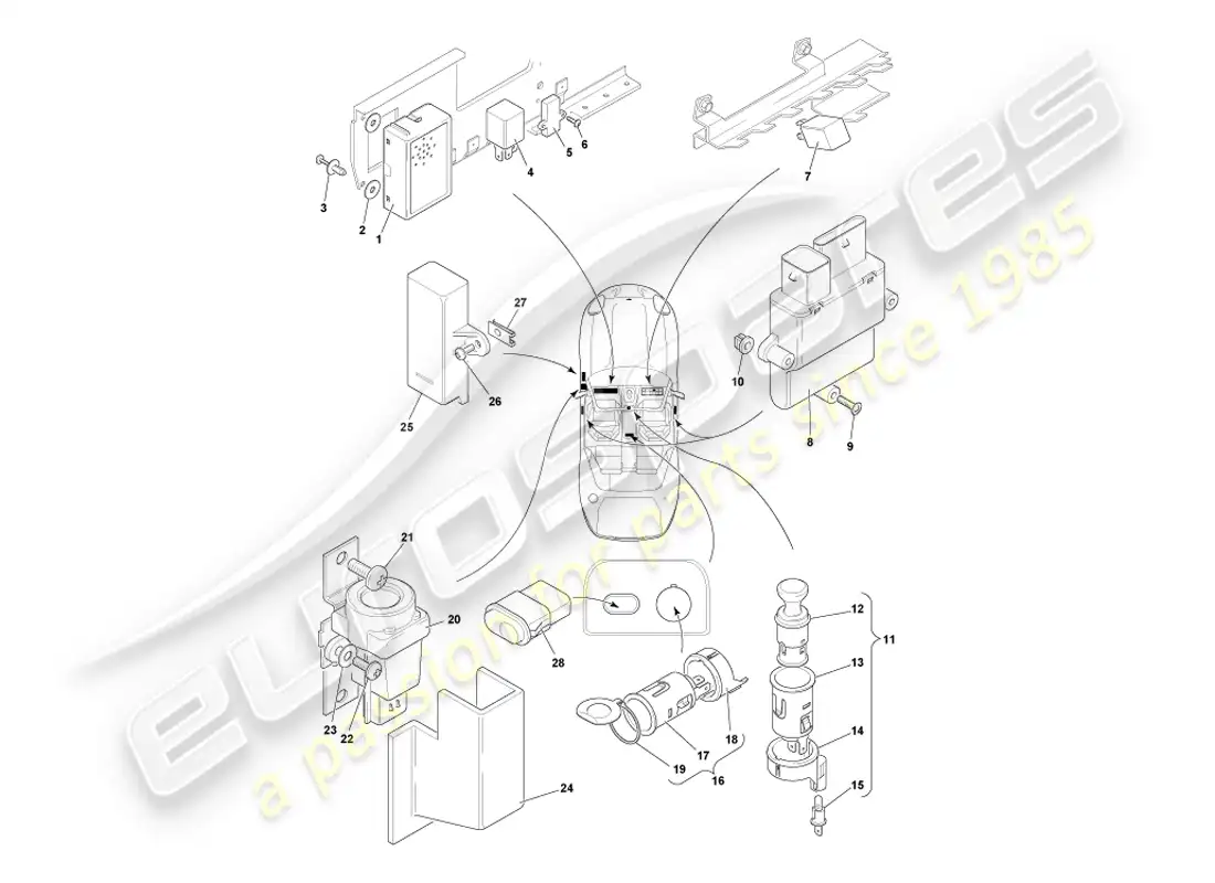 aston martin db7 vantage (2003) diagrama de piezas de componentes montados centralmente