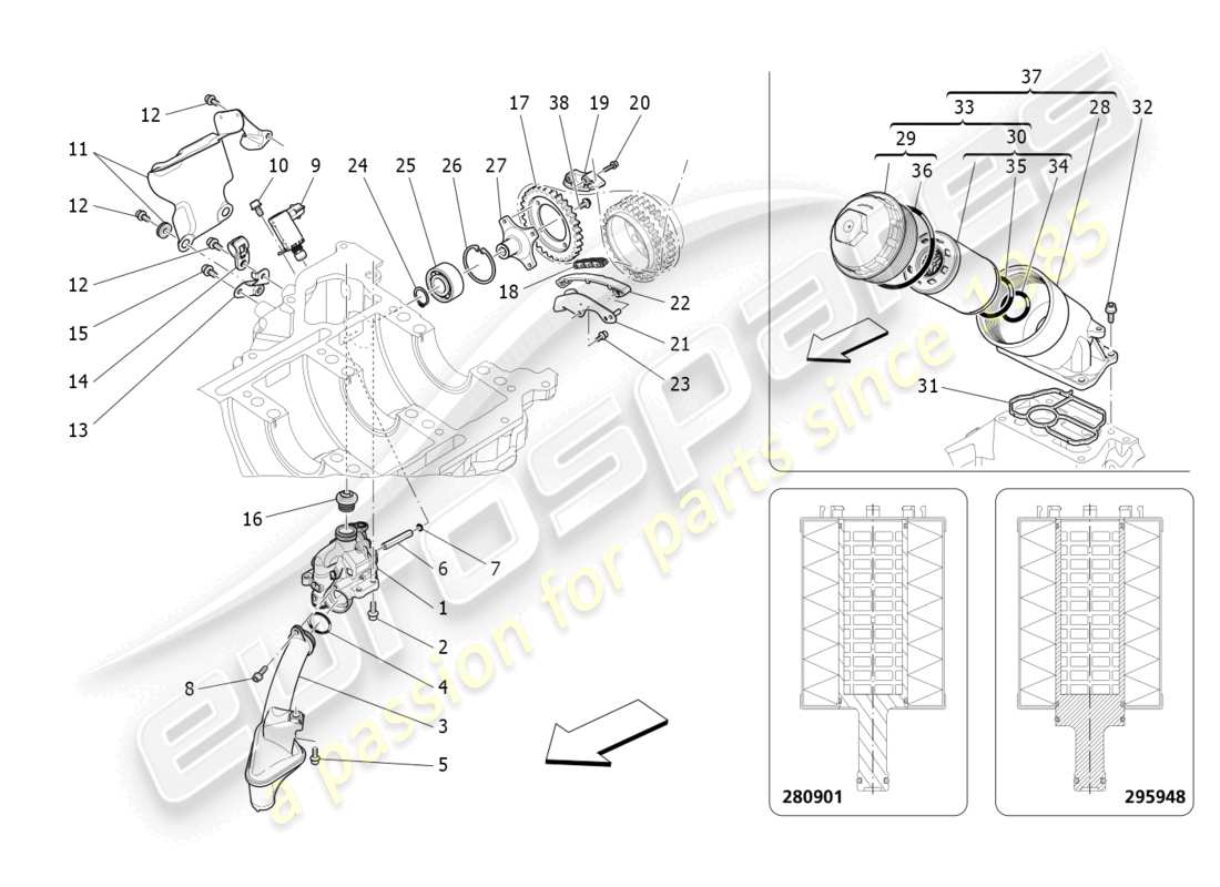 maserati quattroporte (2018) sistema de lubricación: diagrama de piezas de bomba y filtro