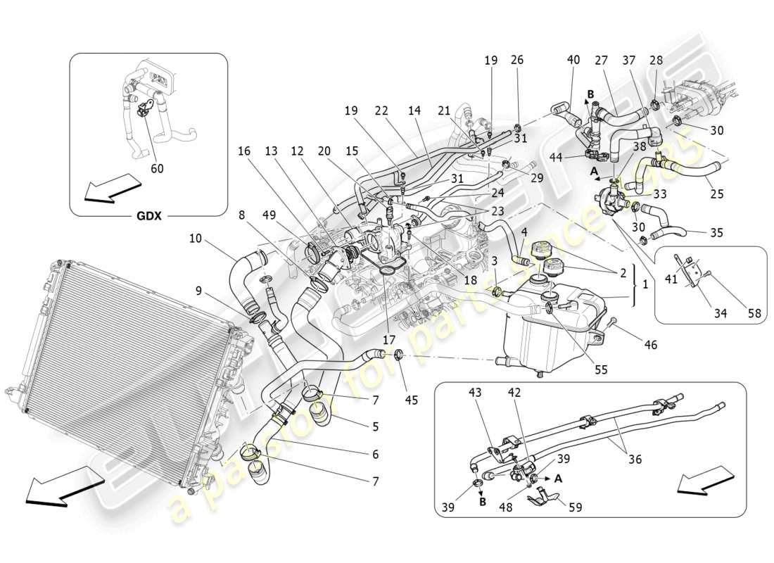 maserati levante trofeo (2020) sistema de enfriamiento: nourice y líneas diagrama de piezas