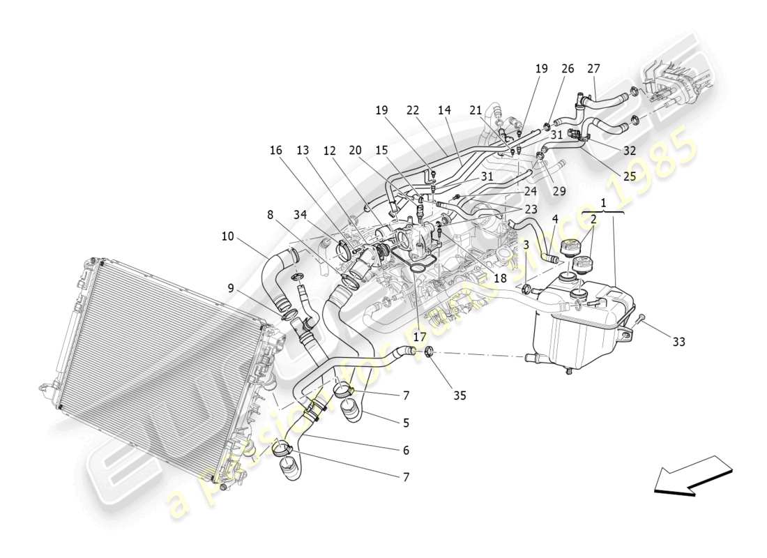 maserati quattroporte (2018) sistema de refrigeración: diagrama de piezas de nourice y líneas