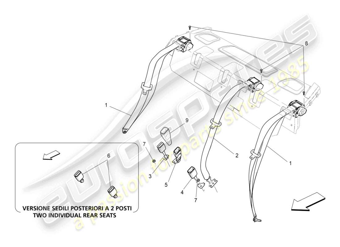 maserati quattroporte (2018) diagrama de piezas de los cinturones de seguridad traseros