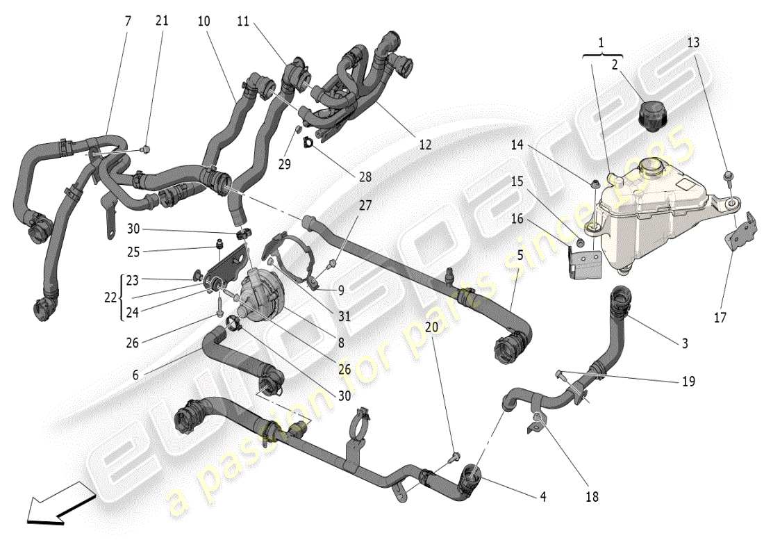 maserati grecale modena (2023) sistema de refrigeración: diagrama de piezas de nourice y líneas