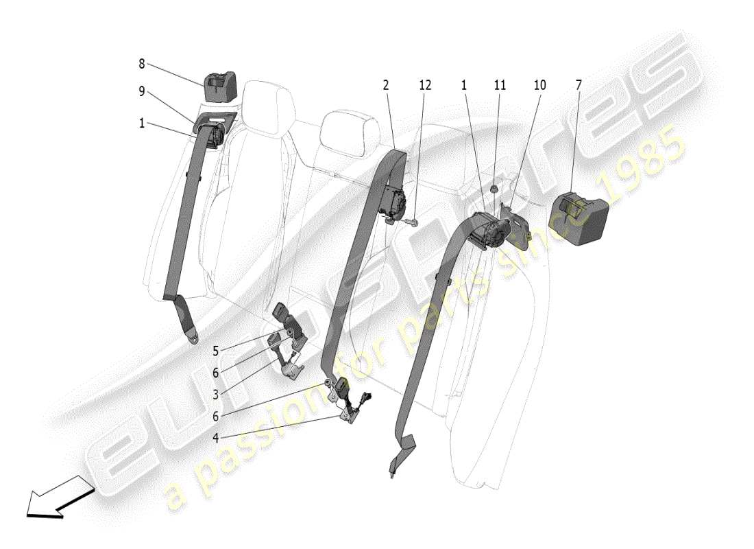 maserati grecale modena (2023) diagrama de piezas de los cinturones de seguridad traseros