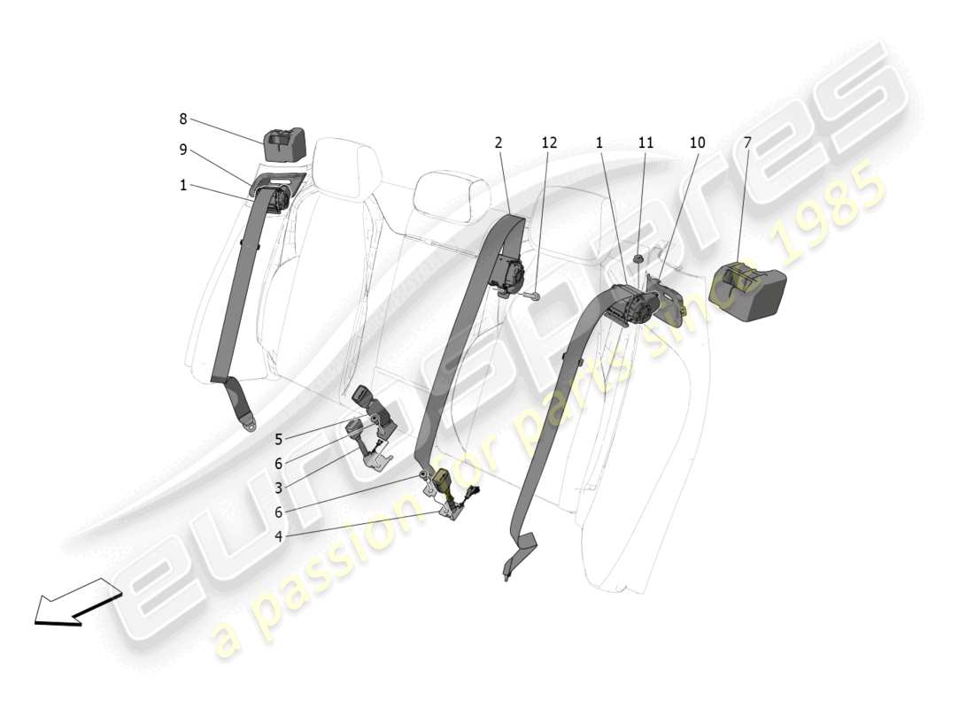 maserati grecale trofeo (2023) cinturones de seguridad traseros diagrama de piezas