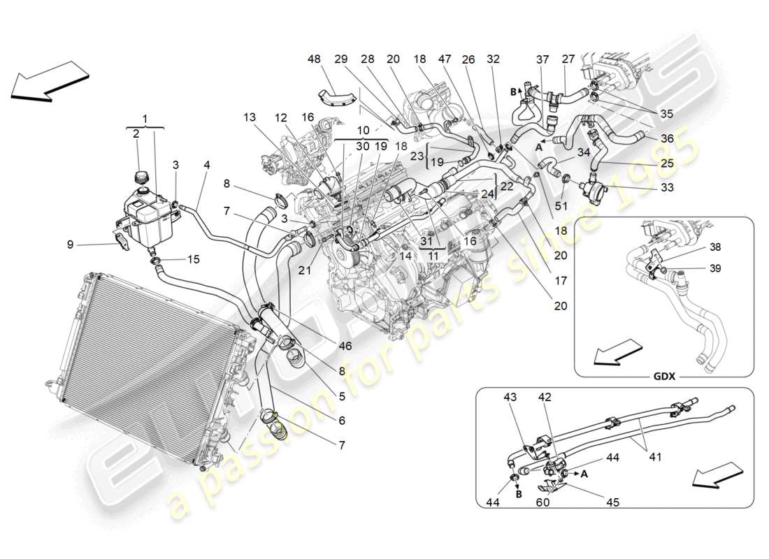 maserati levante (2018) sistema de refrigeración: diagrama de piezas de nourice y líneas