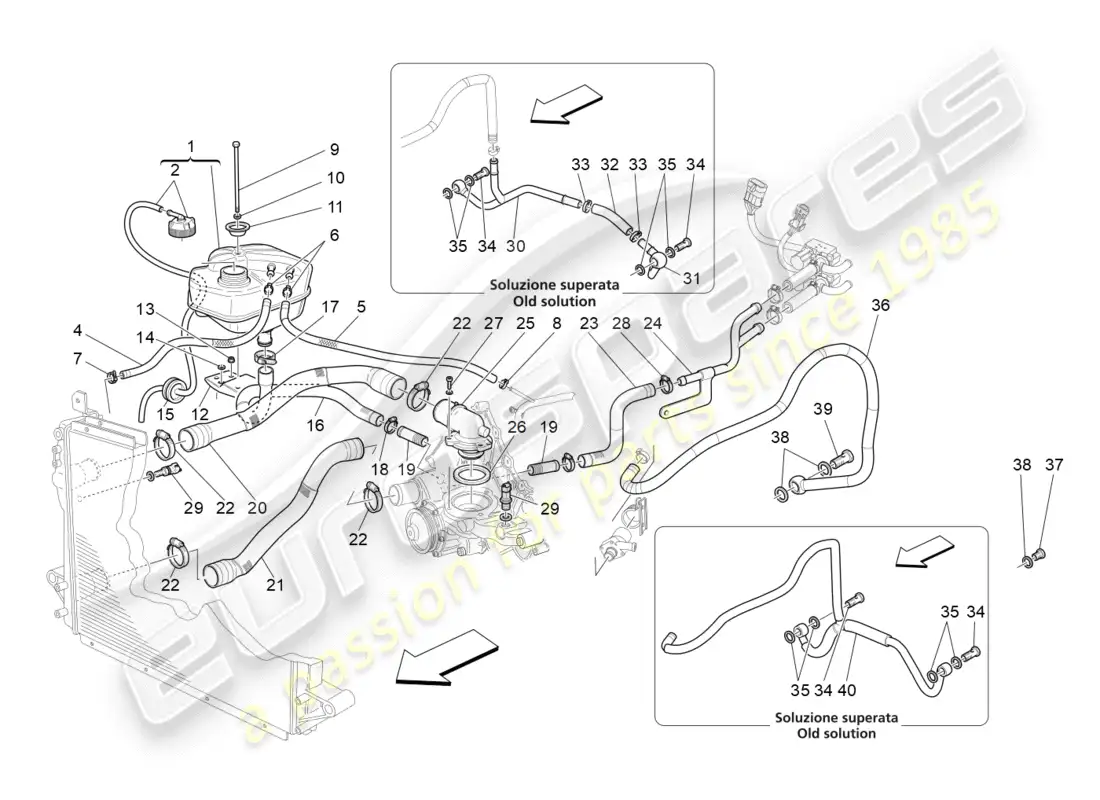 maserati granturismo (2010) sistema de enfriamiento: nourice y líneas diagrama de piezas