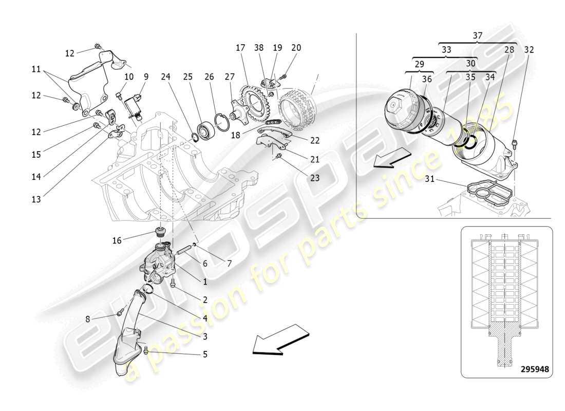 maserati levante modena s (2022) sistema de lubricación: diagrama de piezas de bomba y filtro