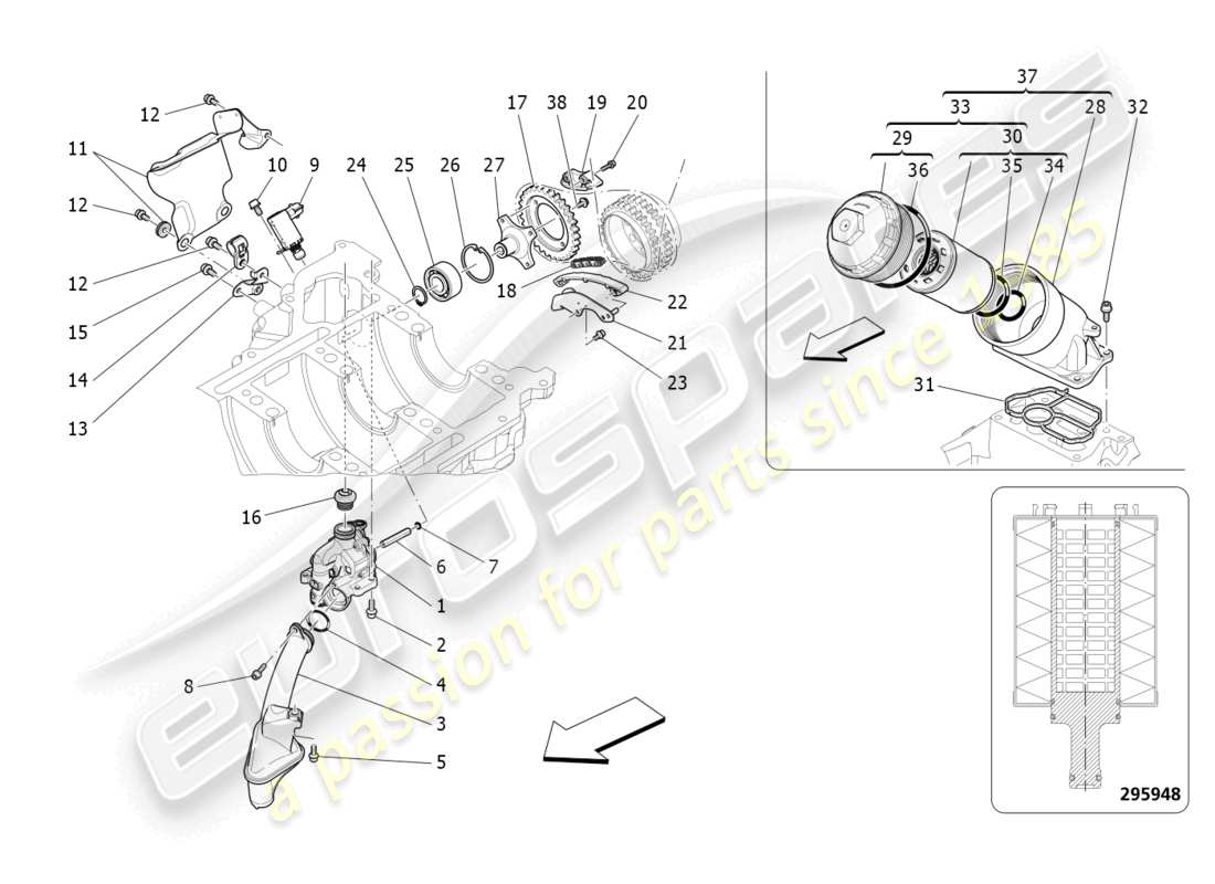 maserati levante gts (2020) sistema de lubricación: diagrama de piezas de bomba y filtro