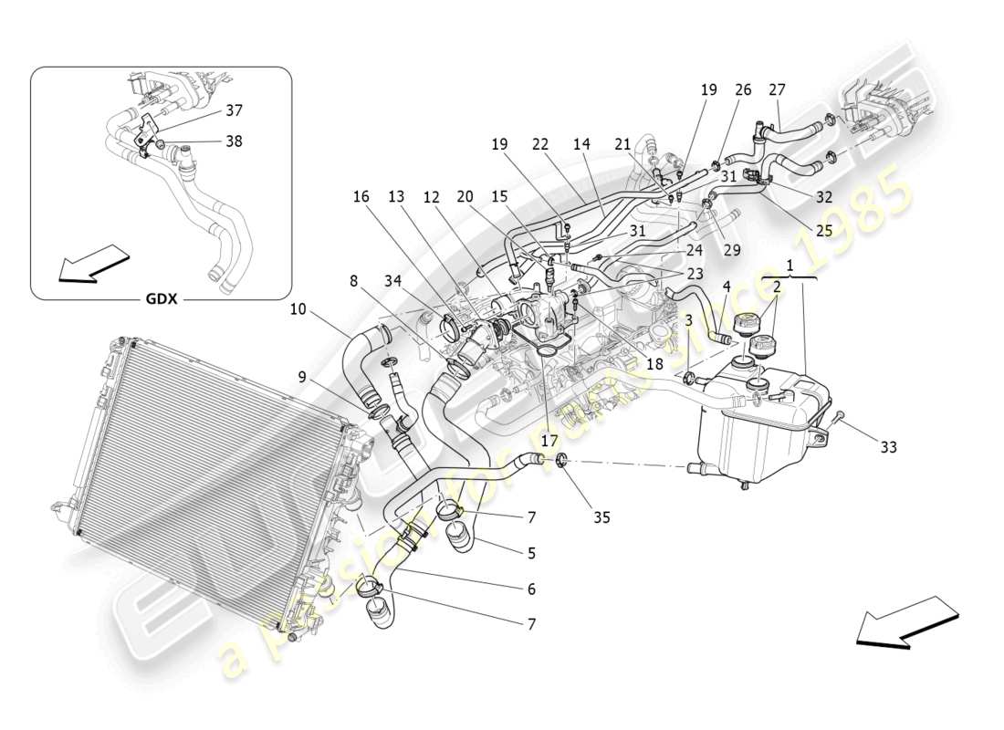 maserati levante modena s (2022) sistema de refrigeración: diagrama de piezas de nourice y líneas