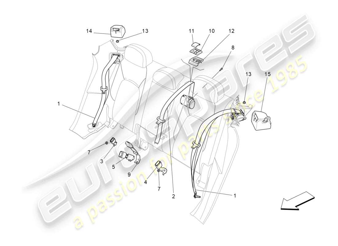 maserati levante tributo (2021) diagrama de piezas de los cinturones de seguridad traseros