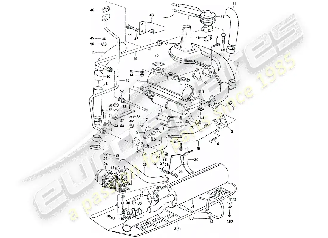 porsche 1976 (911 turbo) sistema de escape diagrama de piezas