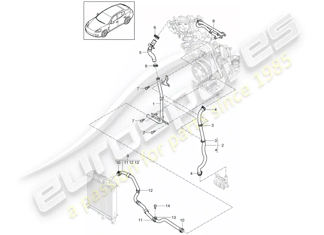 porsche 2012 (panamera 970) diagrama de piezas de refrigeración por agua