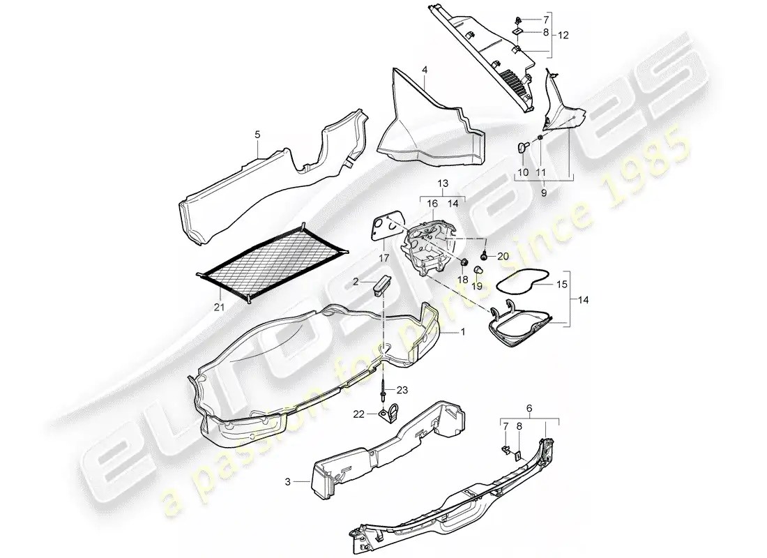 porsche 2008 (987 cayman) compartimiento de equipaje diagrama de piezas