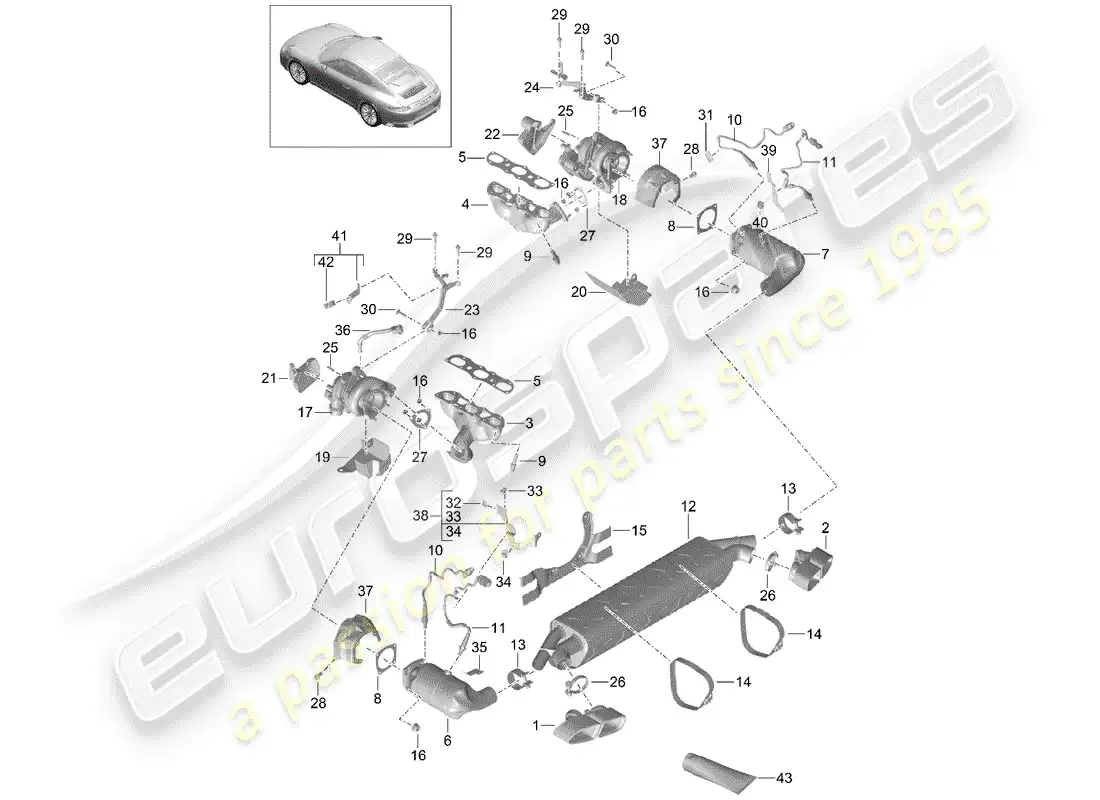 porsche 2017 (991-2 turbo) sistema de escape diagrama de piezas