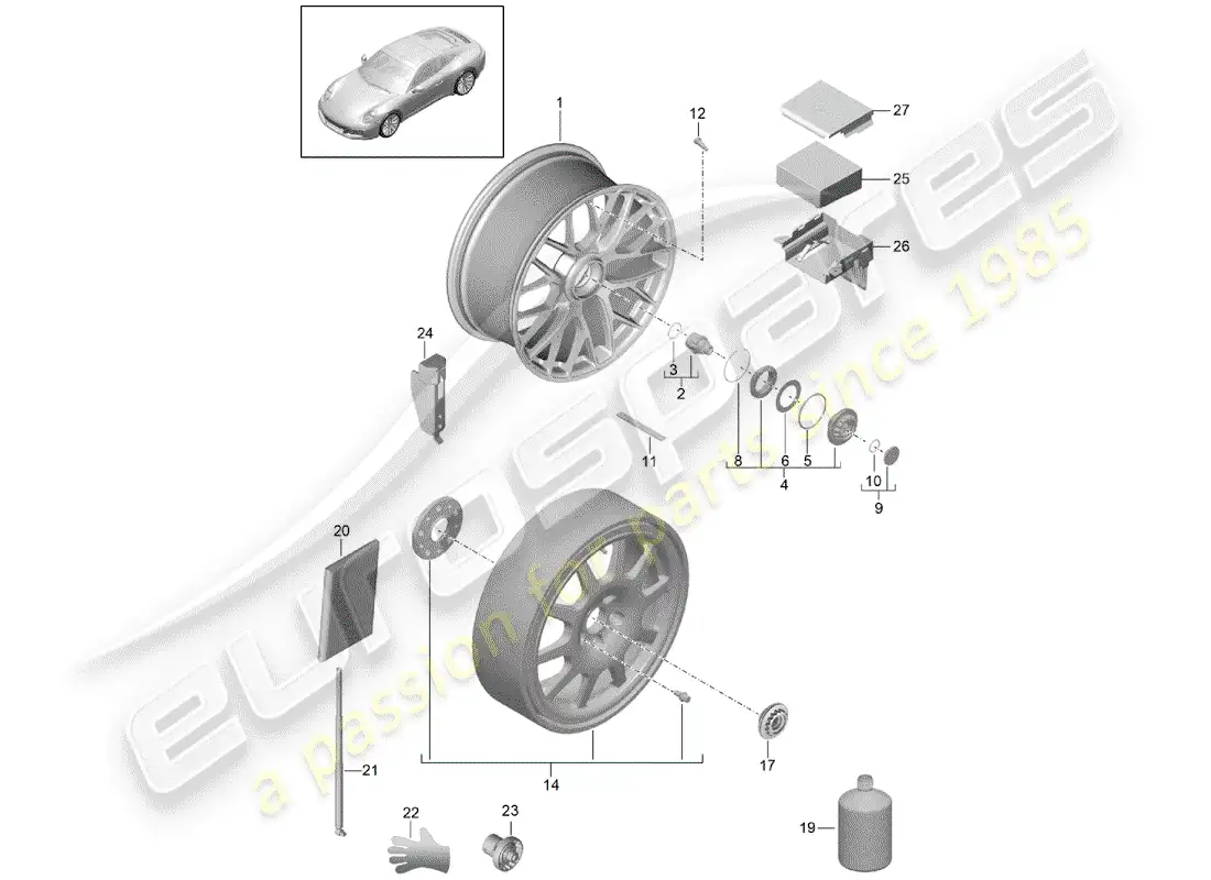 porsche 2019 (991-2) rueda de aleación diagrama de piezas