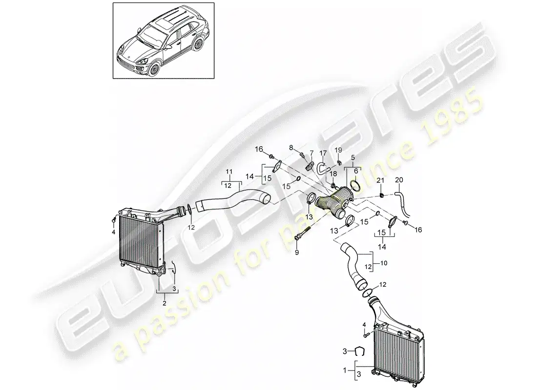 porsche 2013 (cayenne e2 92a) diagrama de piezas del enfriador de aire de carga