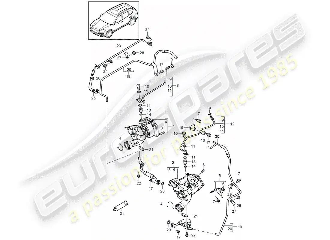 porsche 2012 (cayenne e2 92a) turbocompresor de gases de escape diagrama de piezas