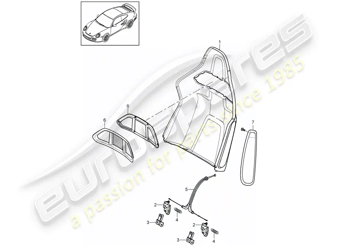 porsche 2011 (997-2 turbo / gt2 rs) diagrama de piezas de la carcasa del respaldo