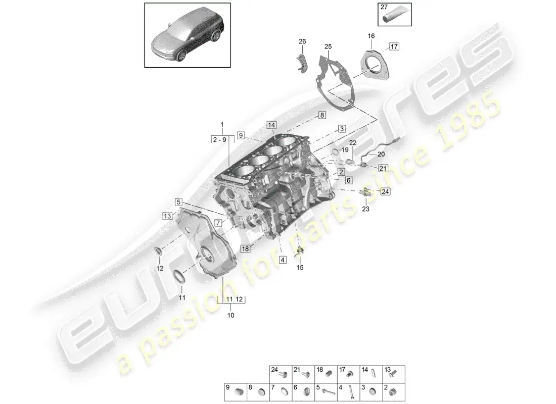 porsche 2018 (cayenne e3 9ya/9yb) crankcase diagrama de piezas
