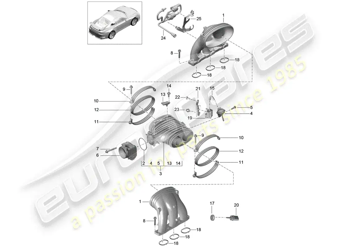 porsche 2020 (991-2 r/gt3/rs) sistema de admisión diagrama de piezas