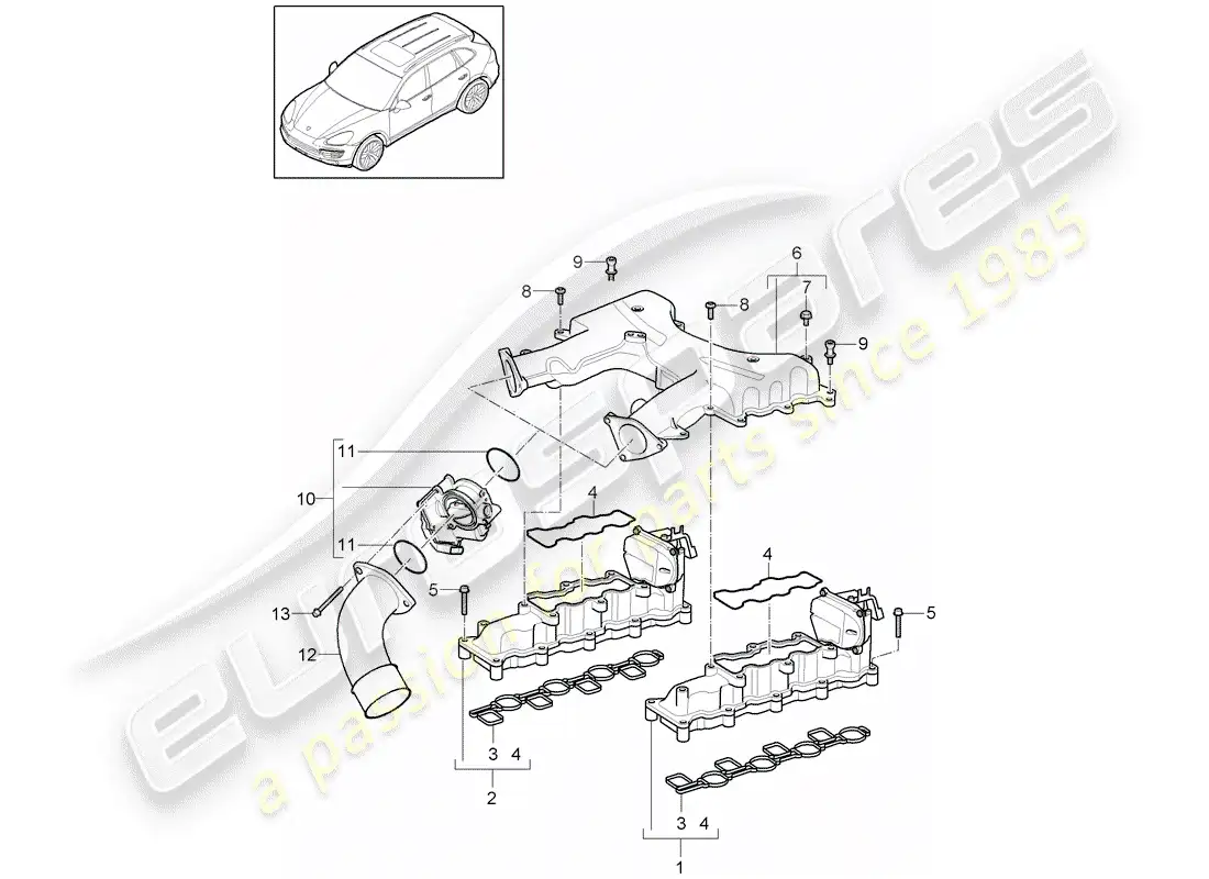 porsche 2013 (cayenne e2 92a) diagrama de piezas del colector de admisión