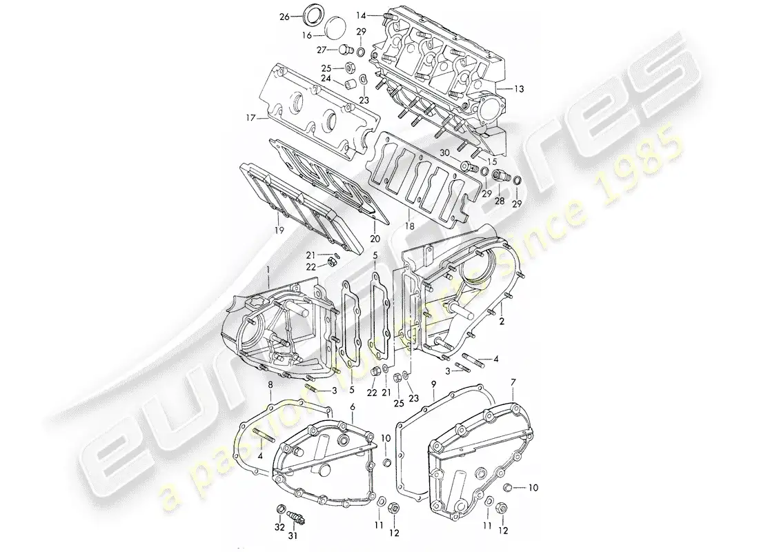 porsche 1970 (911) caja de cadena - carcasa del árbol de levas diagrama de piezas